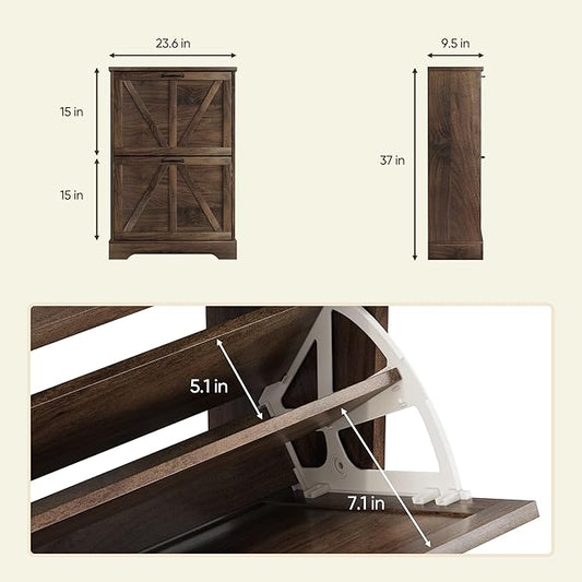 Semiocthome Farmhouse Shoe Storage Cabinet with 2 Flip Drawers, 23.6"(W) Freestanding Shoe Organizer with Barn Door and Metal Handles for Entryway, Corner Rustic Narrow Shoe Rack Cabinet - Walnut