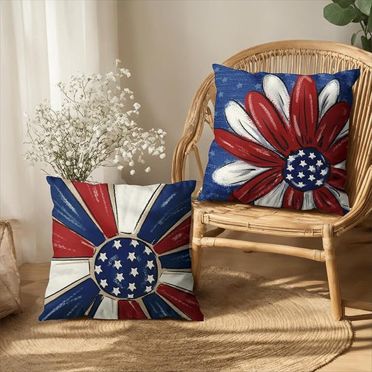 4th of July Outdoor Pillow Covers 22x22 Set of 2 Patriotic Stars Fireworks Throw Pillow Covers Independence Memorial Day Red White Flower Decorative Cushion Cases for Couch Sofa