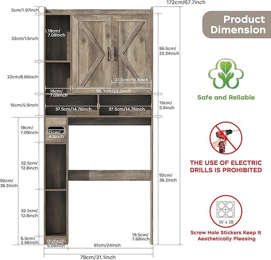 Over The Toilet Storage Cabinet, 31.1”W Bathroom Organizer with Double Doors, Above Toilet Rack, Detachable Toilet Paper Holder for Bathroom & Laundry Room Grey