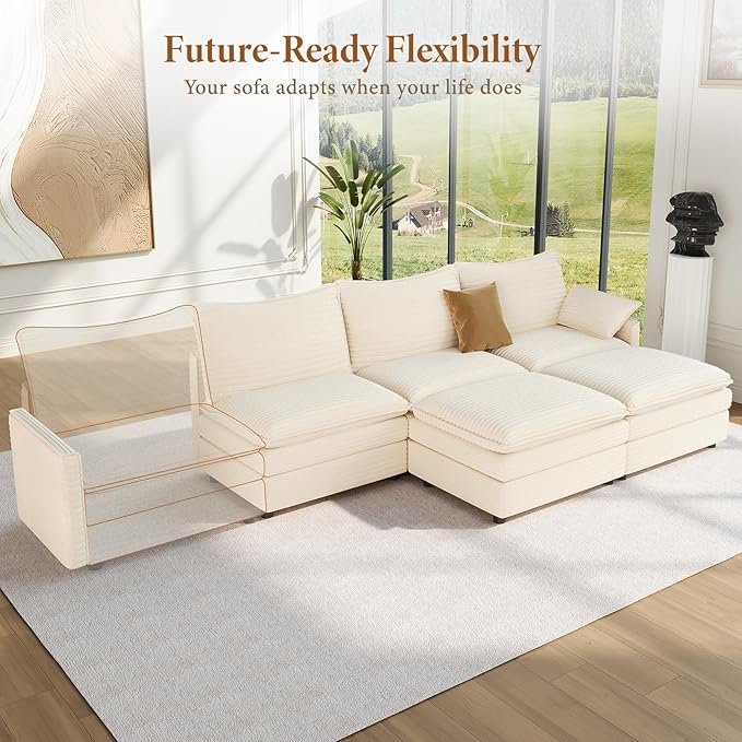 Vesgantti 108" U Shaped Sectional Couch, Comfy Cloud Modular Sectional Sofa with 2 Ottoman Deep Seat Corduroy Modern Cloud Sofa, Modular Sofas for Living Room, Bedroom and Apartment, Beige | Sink-in Comfort, Height Adjustable, Easy Rearrangement, Extra...