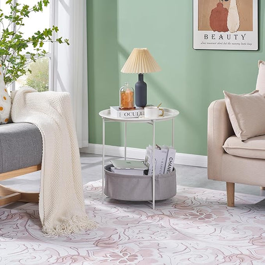 VECELO Round Side/End Table with Fabric Storage Basket,Metal Anti-Rust and Waterproof Small Bedside Nightstand with Removable Tray Top for Living Room,Balcony & Laundry,Beige/1pcs with Basket