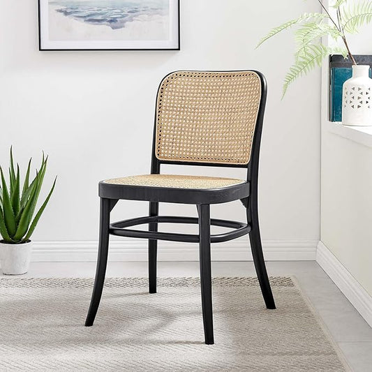 Modway Winona Elm Wood Cane Rattan Seat, Dining Side Chair, Black