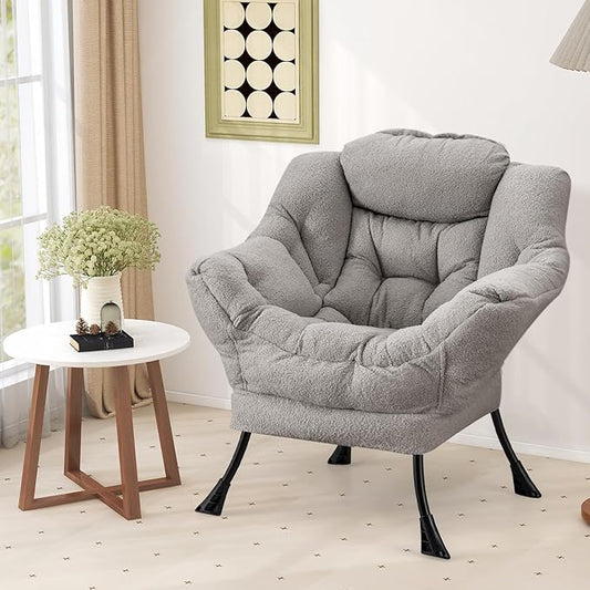 Giantex Lazy Chair, Modern Sherpa Accent Chair w/Steel Frame, Upholstered Single Sofa Chair w/Armrests & Side Pocket, Leisure Reading Lounge Chair for Living Room, Bedroom, Office, Dorm (Gray)