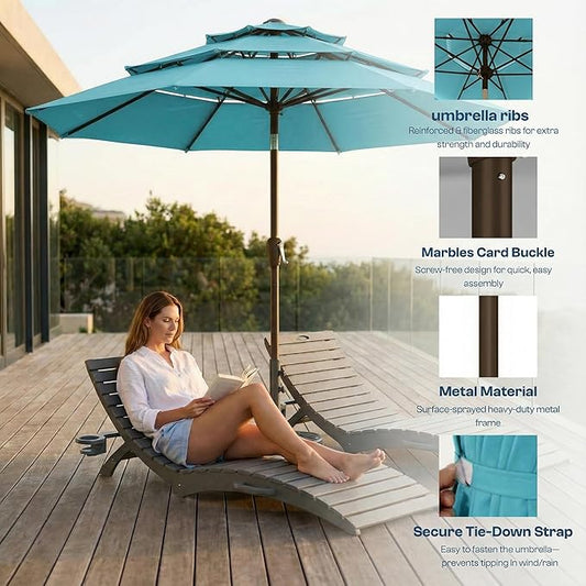 10ft Patio Umbrella, 3 Tier Outdoor Market Table Umbrellas with 8 Fiberglass Ribs and Push Button Tilt, Windproof, Vented Canopy, UV Protection for Deck, Pool, Backyard