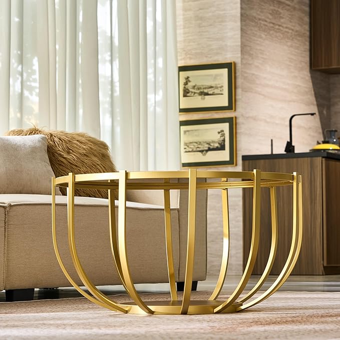 Saint Mossi Glass Round Coffee Table for Living Room, Modern 2-Tier Gold Drum Center Table, Brown Glass Top, Walnut Shelf with Gold Finish Legs & Frame, W30xH16.5