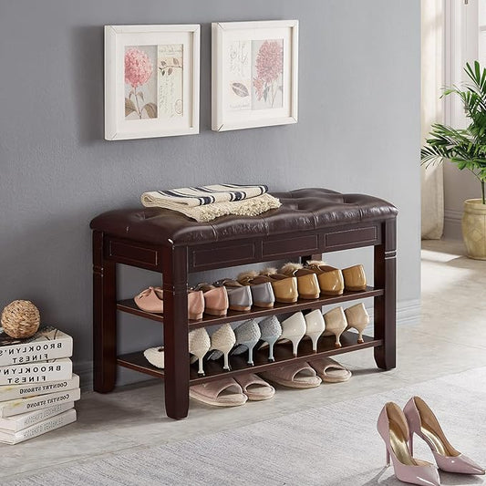 Shoe Storage Bench, Entryway Shoe Rack with Fiberleather Seat 2-Tier Lift Top Organizer Wooden Shoe Bench for Entryway Hallway Living Room (Dark Brown 31.5x13.8x18.9'')