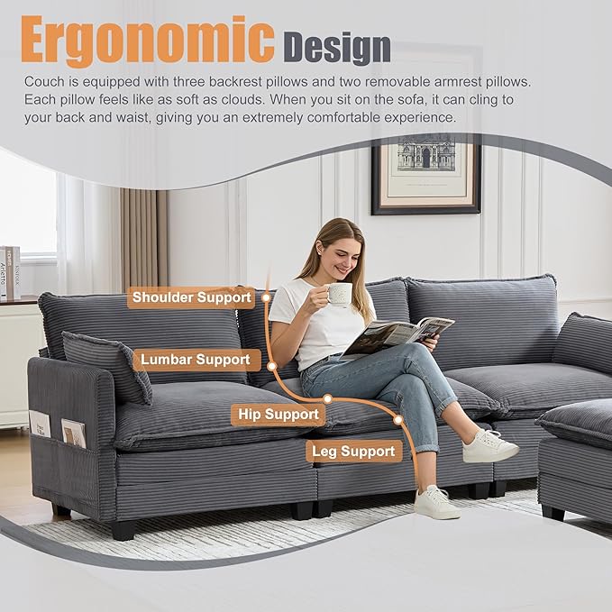 103" Oversized Modular Sectional Sofa Couch with Reversible Ottoman, Free Combination Convertible Corner Couch,Corduroy Upholstered Cloud Sectional Couch with Side Pockets | Multiple Cushions, DIY Combination, Removable Cover
