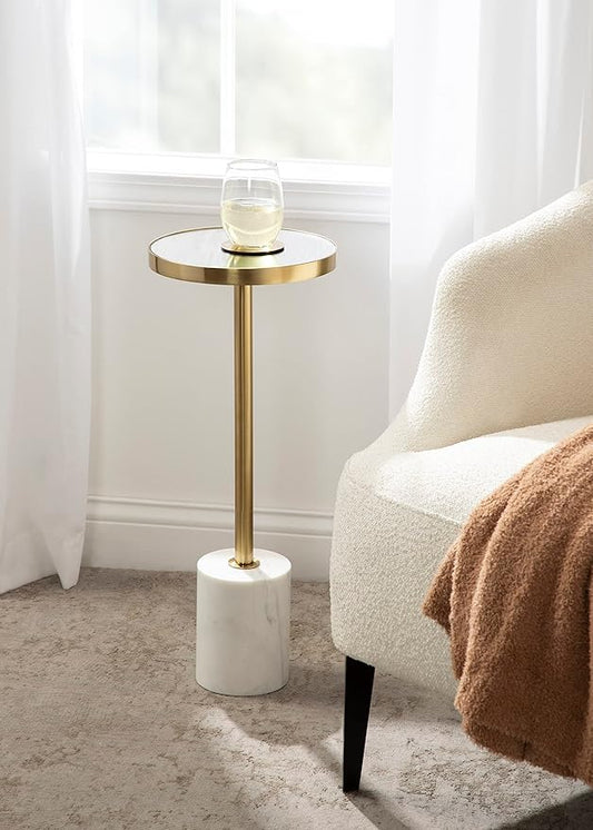 Kate and Laurel Hescott Modern Decorative Round Drink Table with Natural Marble Base and Mirrored Tabletop, 10x10x24, Gold
