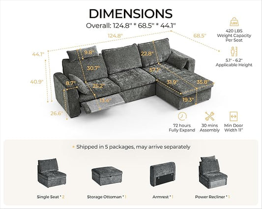 124.8'' Oversized Power Recliner Sofa with Headrest, Extra Wide Modular Cloud Sectional Reclining Couch, Convertible 4-Seater with Storage Ottoman for Home Theater Living Room, Chenille, Grey