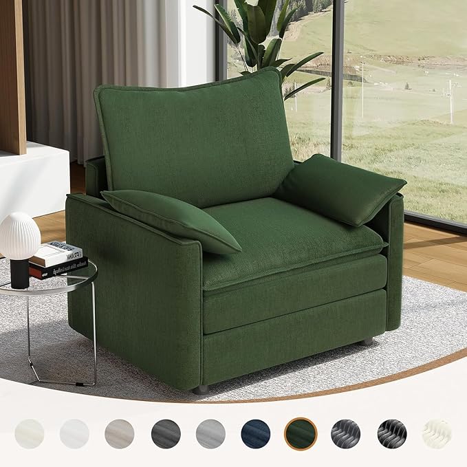 Vesgantti 40" Single Seat Sofa, Comfy Cloud Couch Deep Seat Upholstered Couch Chenille Modern Sofa with Armrest Pillows, Easy Assembly for Living Room, Bedroom and Apartment, Green | Sink-in Comfort, Height Adjustable, Easy Rearrangement, Extra-deep Ot...