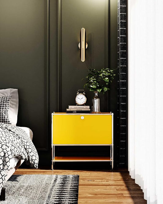 Metal Sidetable with Flap Door, 27.5" Height - DIY Modern Furnishing for Home, Office, Foyer, Bedroom - Night Stand, Book Shelf, Bookshelf, Cube Storage Organizer, Bedside Table (Matt Yellow)
