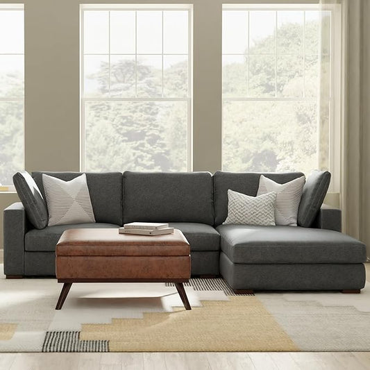 SIMPLIHOME Charlie Right-Facing Sectional Sofa in 100% Recycled Polyester Tightly Woven Performance Fabric, Pebble Grey, 122-inches Wide, Handcrafted Contemporary Style L-Shaped Couch with Chaise