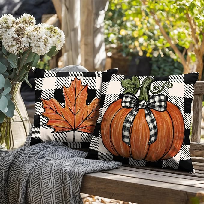 Fall Outdoor Throw Pillow Covers 18x18 Set of 2 Orange Pumpkin Maple Leaves Buffalo Plaid Autumn Decorative Pillow Cases Farmhouse Thanksgiving Cushion Cases for Couch Sofa