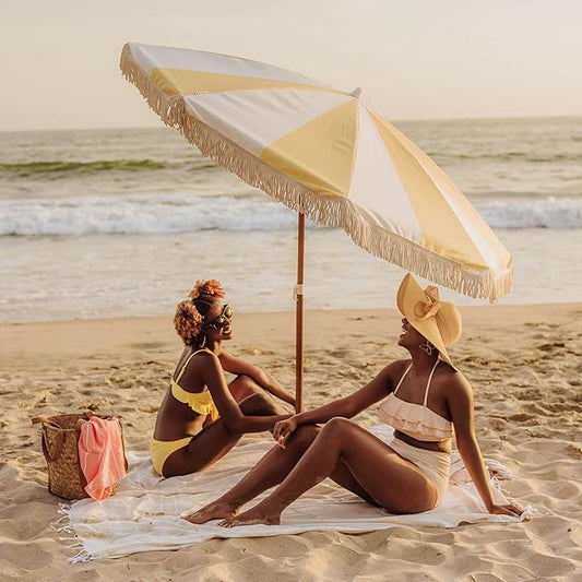 BEACH STATE Summerland 6.5 Feet Beach Umbrella with Fringe - Patio Umbrella - Outdoor Umbrella - UV50+ Sun Protection
