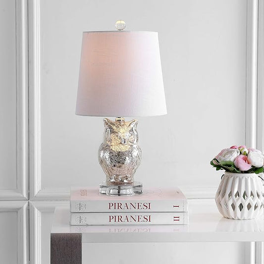 JONATHAN Y 19" Silver/Ivory Owl Glass Table Lamp with Crystal Base, Contemporary Woodland Bedside Lamp for Living Room, White Linen Drum Shade, LED Bulb Included JYL4010A