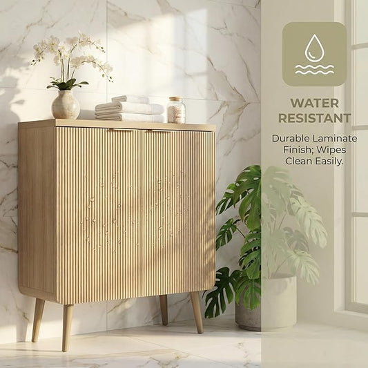 FONTOI 29.5" Wood Fluted Buffet Cabinet with 2 Doors & Storage - Multifunctional Kitchen Sideboard Credenza for Living Room & Entryway, Oak