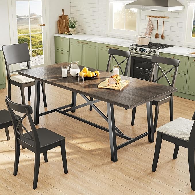 Concho 71" Solid Thick Dining Table for 6-8 People, Long Wooden Kitchen Dinner Table with Sturdy Metal Frame for Home Office,Dining Room,Living Room Furniture, Deep Grey(Chairs Not Included)