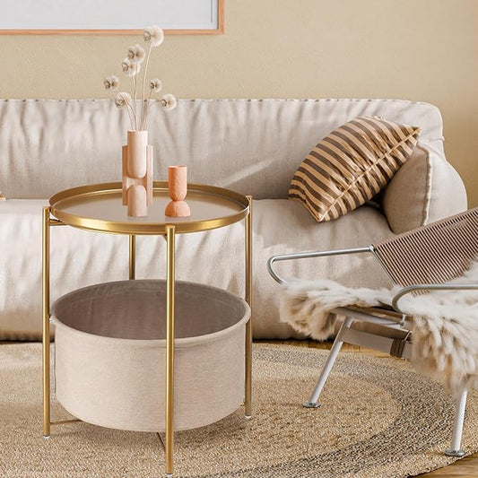 danpinera Round Side Table with Fabric Storage Basket, Pack of 2, Metal Side Table Small Bedside Table Nightstand with Removable Tray Top for Living Room, Bedroom, Nursery, Laundry, Gold