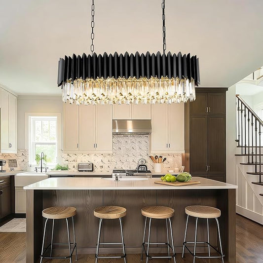 L33 Black Crystal Chandelier Large 8 Light Fixture 3-Tier K9 Modern Chandeliers for Dining Room Kitchen Island