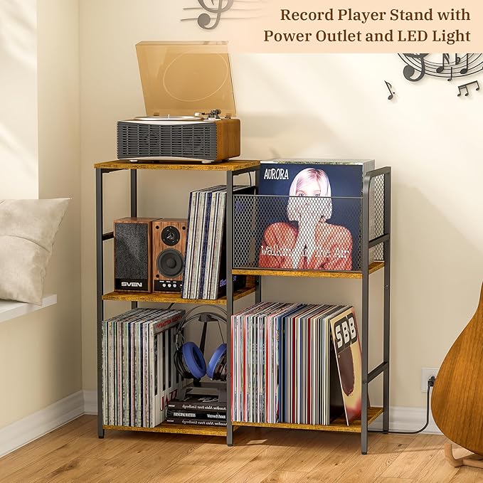 Record Player Stand with Power Outlets, Turntable Stand with Vinyl Storage Holds up to 300+ Albums, Storage Cabinet for Vinyl Records, Record Player Table with LED Light for Living Room