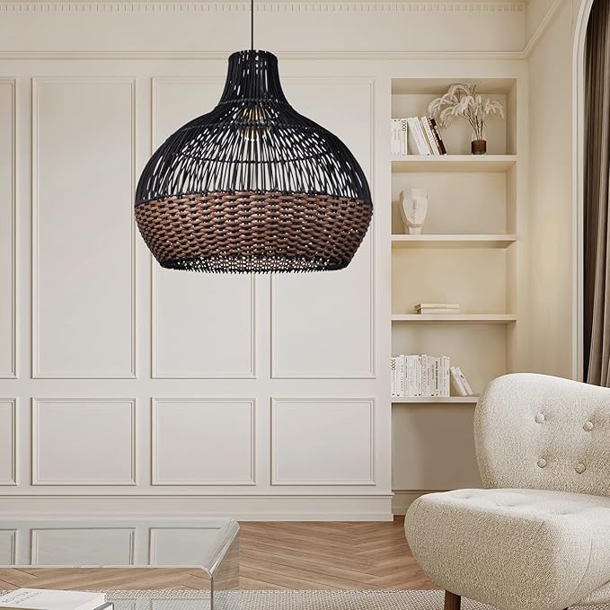 Arturesthome Black Rattan Pendant Lights, Wicker Chandelier Boho Basket Lighting Fixture, Large Natural Woven Hanging Lamp for Kitchen Island Dining Room