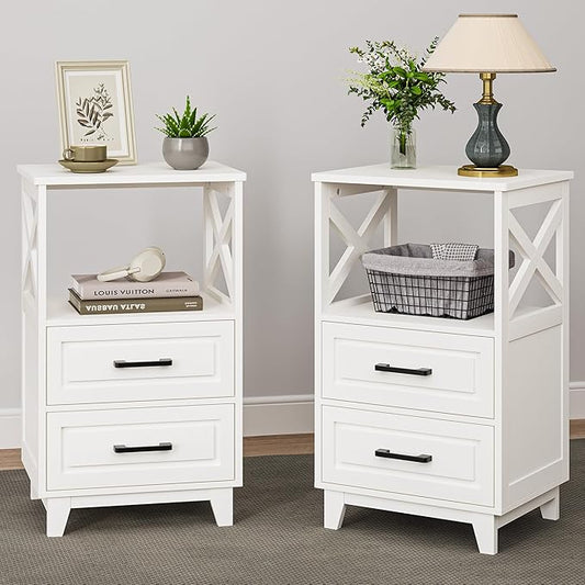 White Nightstand Set of 2, Tall Side Table, Farmhouse End Table with 2 Large Storage Drawers Cabinet, Wooden Rustic Bedside End Table for Bedroom, Home Office, White