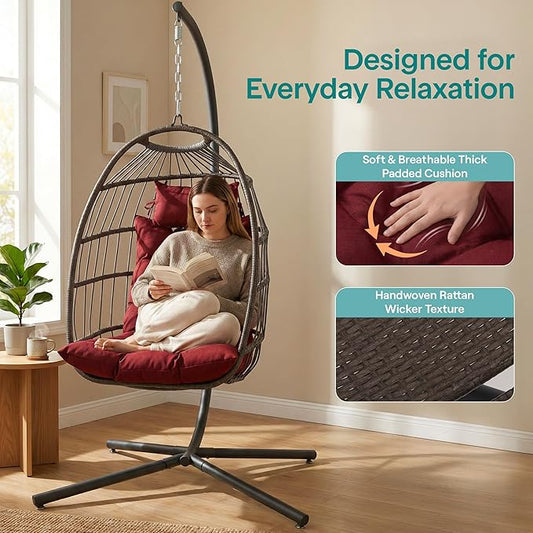 SereneLife Egg Chair with Stand – Hanging Rattan Wicker Swing for Indoor Outdoor Use – 350 lbs Capacity, Breathable Cushion & Headrest – Patio, Balcony, Porch, Bedroom Lounge Furniture
