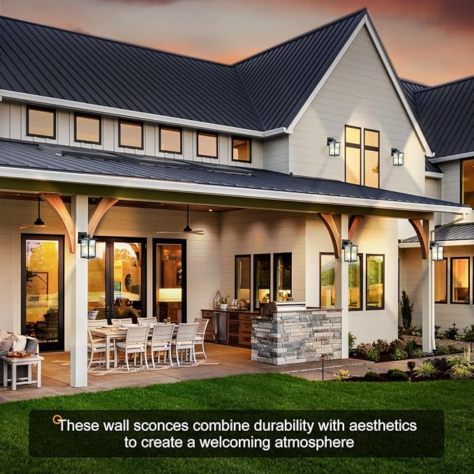 Outdoor Wall Lights for House Exterior - IP65 Waterproof Porch Lights with Textured Glass & Matte Black Metal, Easy Install Exterior Lighting Fixtures for Garage, Front Door