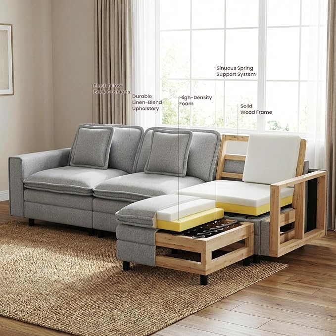 MALOL Modular Sectional Sofa 107", Comfy Cloud Couch with Ottoman, Deep 4-Seat L Shaped Modular Sofa, Couches with Throw Pillows for Living Room, Light Grey