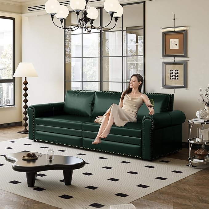 Eafurn 93.7" King Size Pull Out Sofa Bed, 3-in-1 Convertible Sleeper Sofa Couch Bed with Nailhead Decor and Rolled Arms, Faux Leather Oversized Chesterfield Loveseat Chaise Lounge