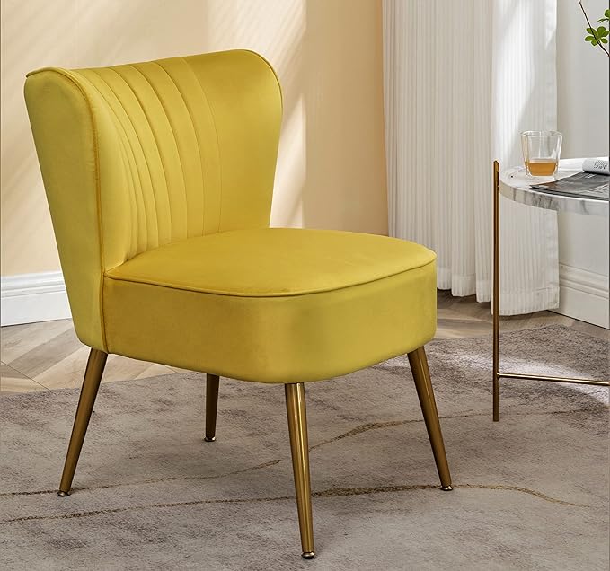 Modern Velvet Accent Chair for Living Room, Bedroom, or Entryway, Stylish and Comfortable Armless Design with Metal Legs, Yellow
