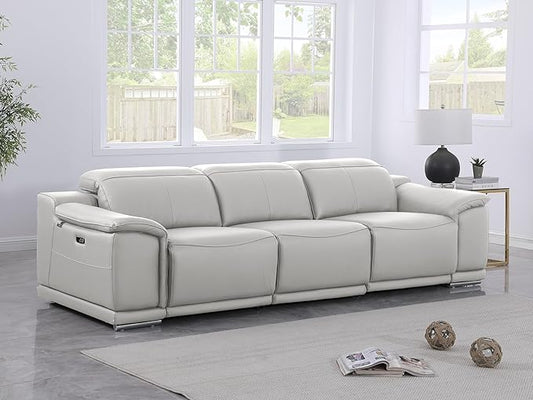 BlackJack Furniture Venice Top Grain Italian Leather Dual Power Recliner Sofa - 107" Theater Seating Modern Couch for Living Room Apartment Home with Adjustable Headrests & USB Port, Light Grey