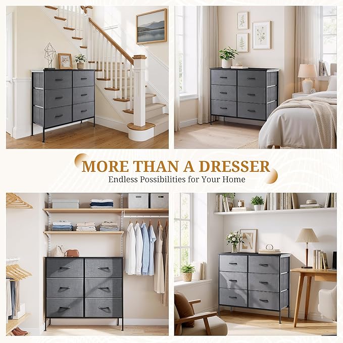 6-Drawer Fabric Dresser, Chest of Drawers Clothes Cabinet for Closet & Bedroom, Storage Organizer with Steel Frame for Entryway, Dorm, Living Room, Grey