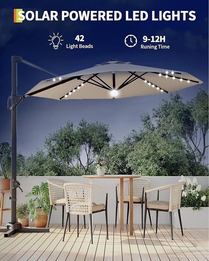 GarveeLife 10FT Patio Umbrella Outdoor Solar LED Large Cantilever Umbrella Market Sun Shade Windproof Offset Umbrella with 360-Degree Rotation for Garden Deck Pool Patio, Tan