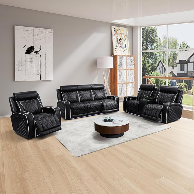 Power Recliner Sofa Set, Breathing Leather Reclining Couch Set, 3 Piece Living Room Furniture Set with LED Lights/Charging Ports/Storage for Home/Office (Black New, Sofa+Loveseat+Chair)