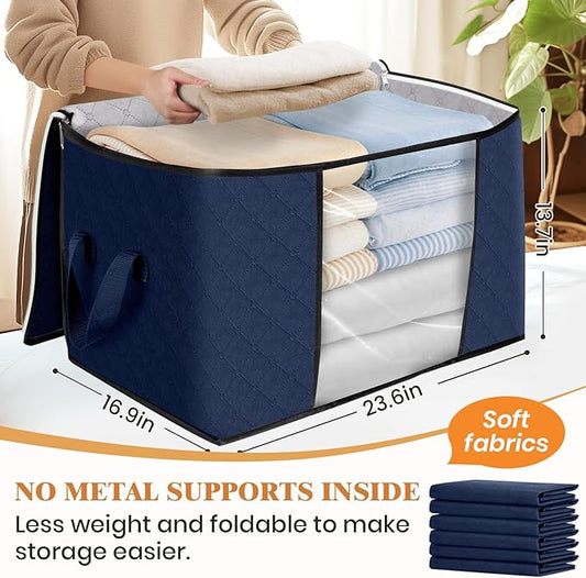 Fab totes 24 Gallons Clothes Storage, Foldable Thick Fabric Blanket Storage Bags, Containers for Organizing Bedroom, Closet, Clothing, Comforter, Organization with Handle (4 Pack,Blue)