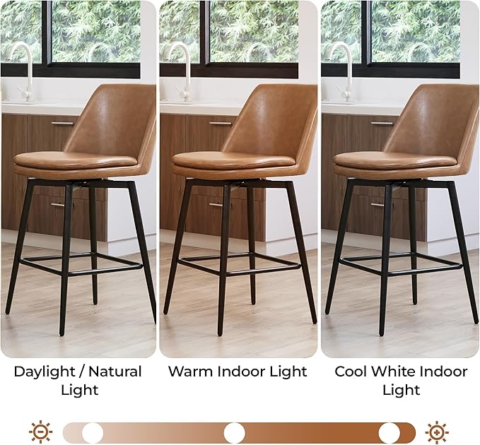 CHITA Swivel Bar Stools, 30.3" Counter Height Bar Stools Set of 2, FSC Certified Upholstered Modern Counter Stools, Metal Legs, Faux Leather, Saddle Brown