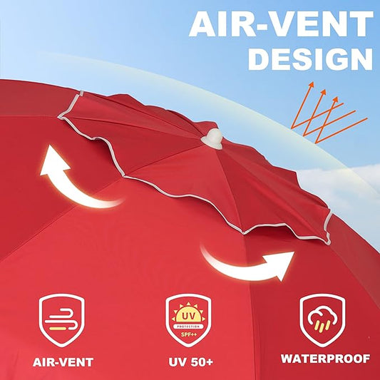 AMMSUN 6.5ft Portable Patio Beach Umbrella for Sand with tilt Air Vent Sun Shelter, UV 50+ Protection Outdoor Sunshade Umbrella with Carry Bag for Patio Garden Beach Pool Backyard Burgundy Red
