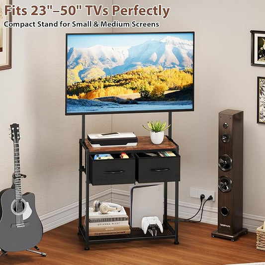 23-50 Inch Corner TV Stand with Mount and 2 Fabric Drawers, Floor Small TV Stand for Bedroom Living Room, Entertainment Center with Storage Shelves, Television Stands TV Console Table, Black & Brown