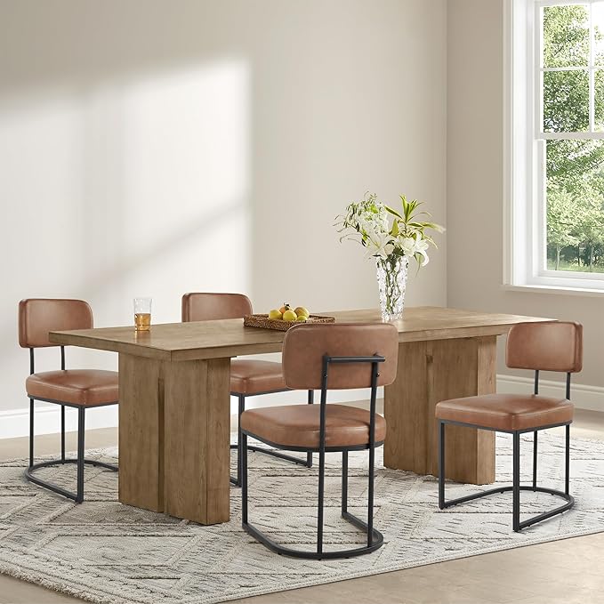 Dining Chairs Set of 6, Upholstered Modern Kitchen Chairs with Ergonomic Backrest, Faux Leather Cushion Seat & Metal Legs for Living Room, Restaurant, and CafΓ©, Brown, 2 Boxs