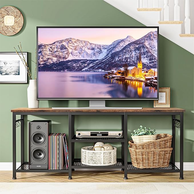 YGEOMER TV Stand for Living Room Entertainment Center for TVs Up to 55 Inches, TV Media Console Table Television Stands for Bedroom, Rustic Brown