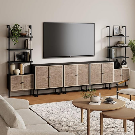 Nathan James Kova Bohemian Entertainment Center Wall Unit with Bookshelves, Bookcase TV Stand with Rattan Door Fronts, Entertainment Wall Unit with Storage, Black Oak/Cane