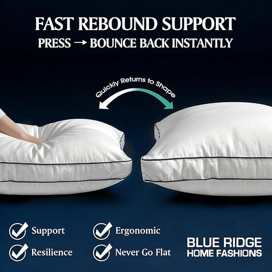Blue Ridge Home Fashions Hotel Bed Pillows King Size Set of 2, 400 Thread Count 100% Cotton Cover, Medium Support Gusseted Down Alternative Pillow for Back, Stomach or Side Sleepers, 18" x 34", White