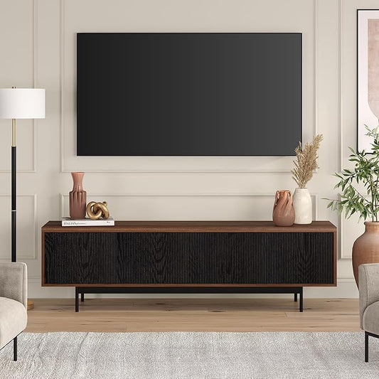 Henn&Hart Fluted TV Stand for TVs up to 75" with 2 Open-Concept Ribbed Storage Cabinets for Living Room, Family Room, or Office, Medium Walnut/Natural Black