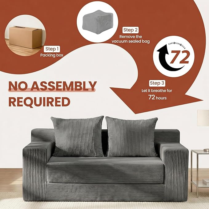 Convertible 5 in 1 Futon Sofa Bed Full Size, Corduroy Boneless Couch Sleeper Sofa with 4 Pillows, Foldable Pull Out Loveseat Floor Mattress for Living Room, Apartment, Small Space & Dorm