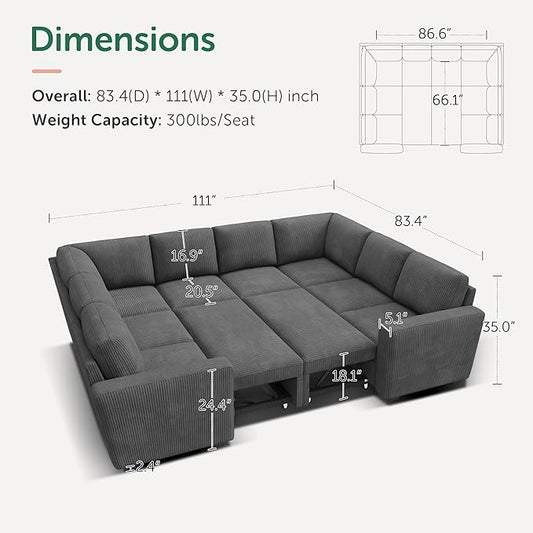 HONBAY Modular Sectional Pull Out Couch Bed, Corduroy Sleeper Sofa with Storage Seats, Oversized U Shaped Sectional Couches for Living Room, Dark Grey