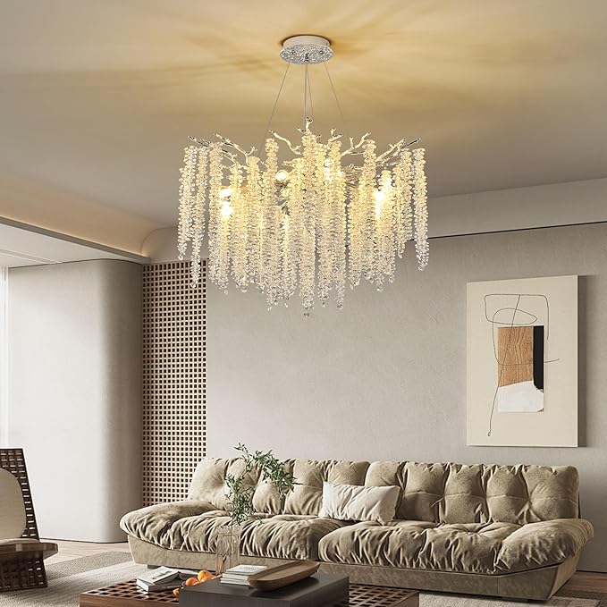 Modern Crystal Tree Branch Chandelier, Chrome Round Art Deco Raindrop Lighting Fixture for Dining Room Bedroom Foyer 6 Lights D18''