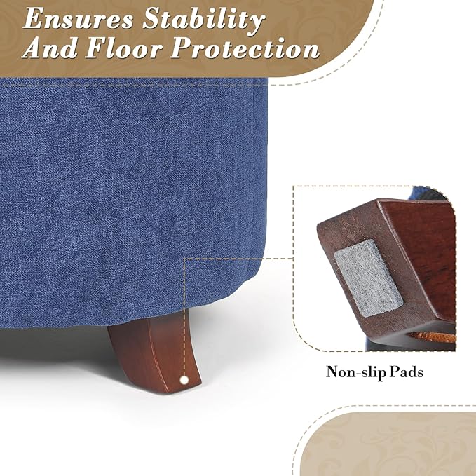 Athena Collection 24.5 Inch Small Ottoman with Storage, Round Linen Fabric Storage Ottoman Foot Rest with Removable Lid, Multipurpose Footstool Footrest for Livingroom, Bedroom, Dorm, Blue