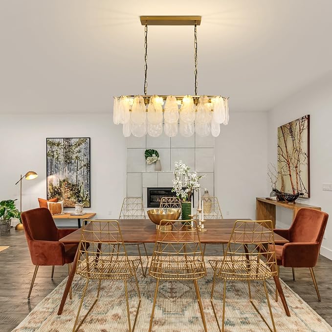 Gold Rectangle Chandeliers for Dining Room Modern Island Light Crystal Cloud Glass 8-Light Chandelier 2 Tier Rectangular Linear Pendant Hanging Ceiling Light Fixture for Kitchen L31.5” (E12)