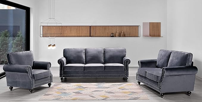 Container Furniture Direct Lotus Mid Century Modern Velvet Upholstered Living Room Rolled Arms, Chair, Fossil Grey